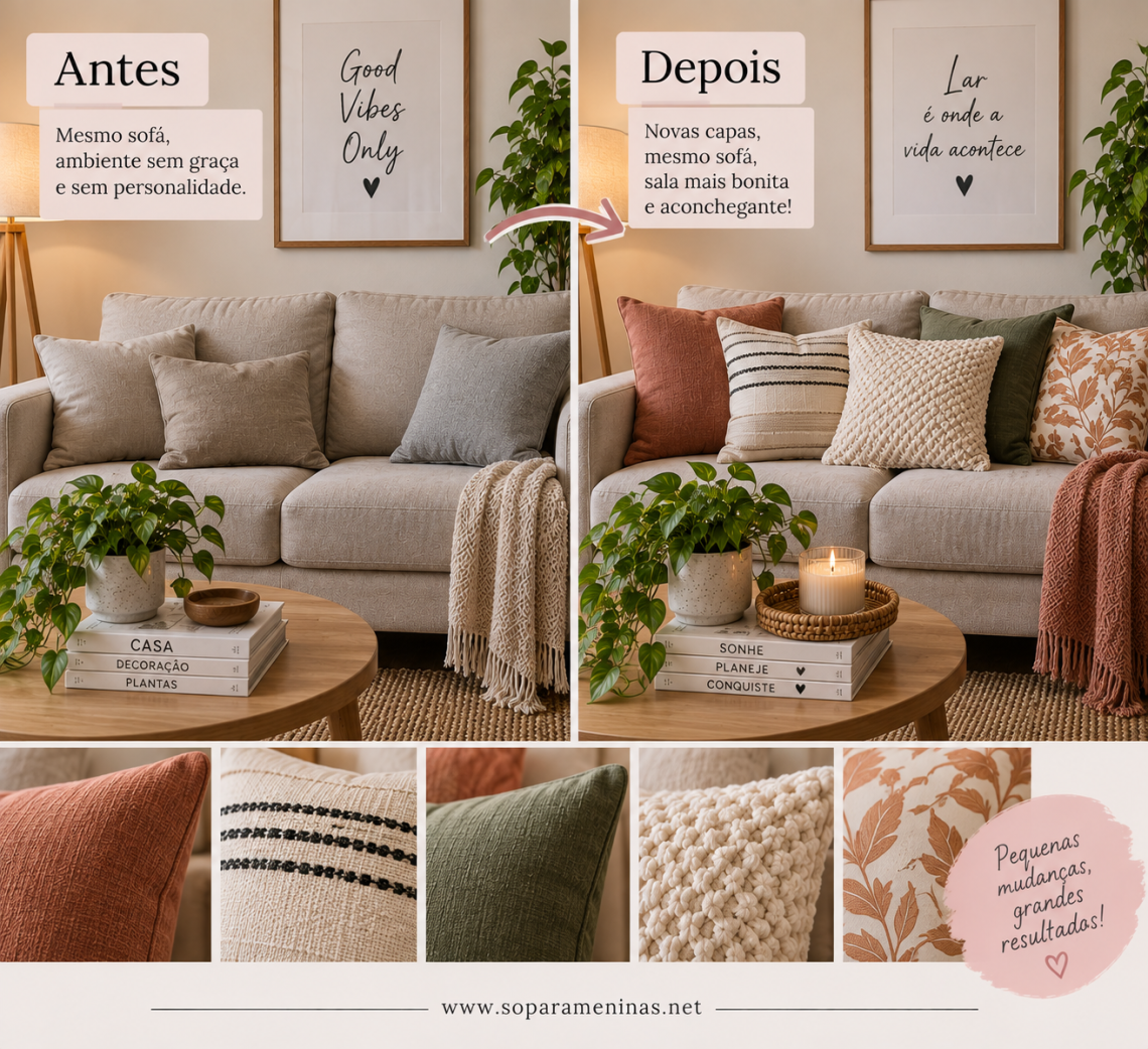 Antes e depois de uma sala com troca das capas das almofadas