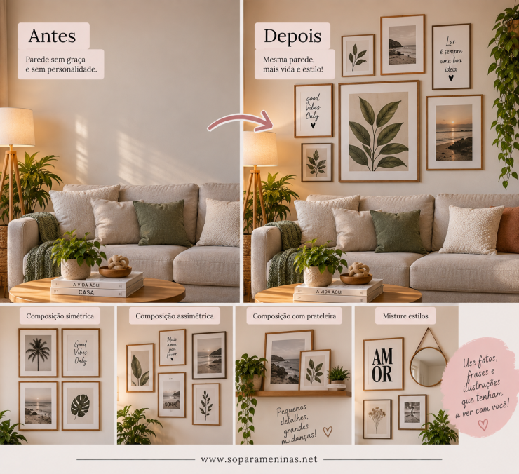Antes e depois de uma parede decorada com composição de quadros