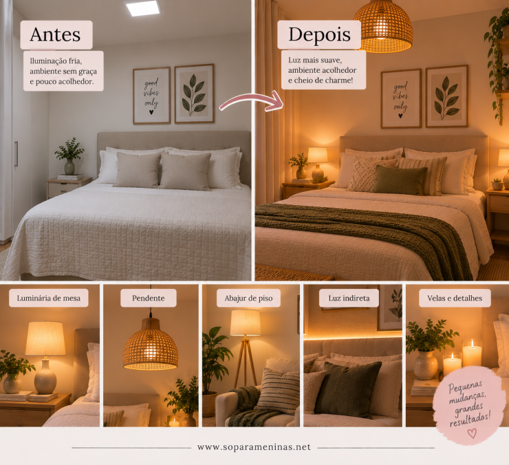 Antes e depois de quarto com iluminação aconchegante
