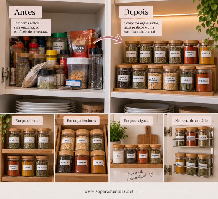 Antes e depois de temperos organizados em potes na cozinha