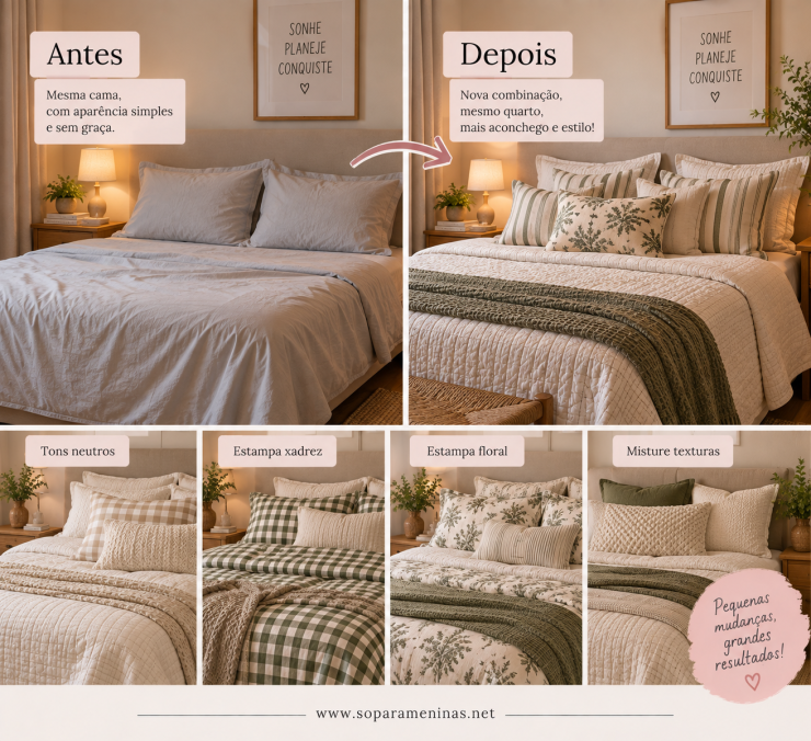 Antes e depois de quarto com roupa de cama estilo farmhouse